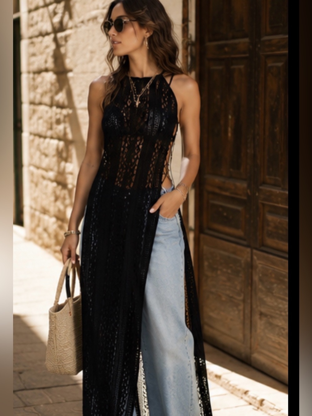 Melissa Crochet Lace Maxi Cover-Up – Black – Adjustable Side Tie - Picture 2 of 16